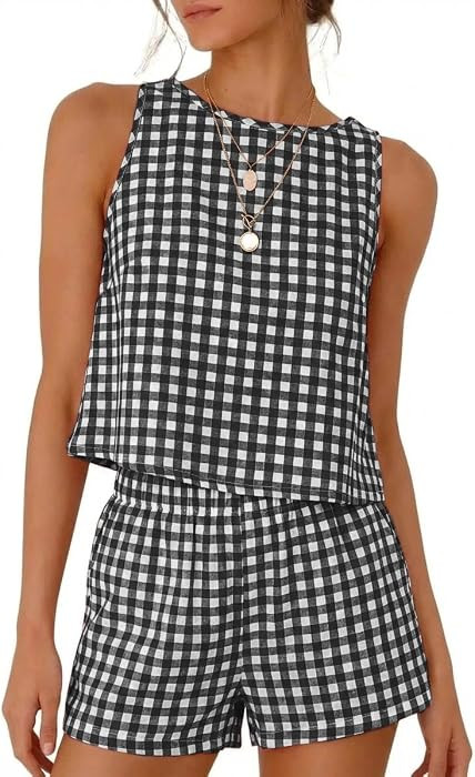 IDEALSANXUN Womens Gingham Set Spring Summer 2 Piece Cute Machting Sets | Amazon (US)