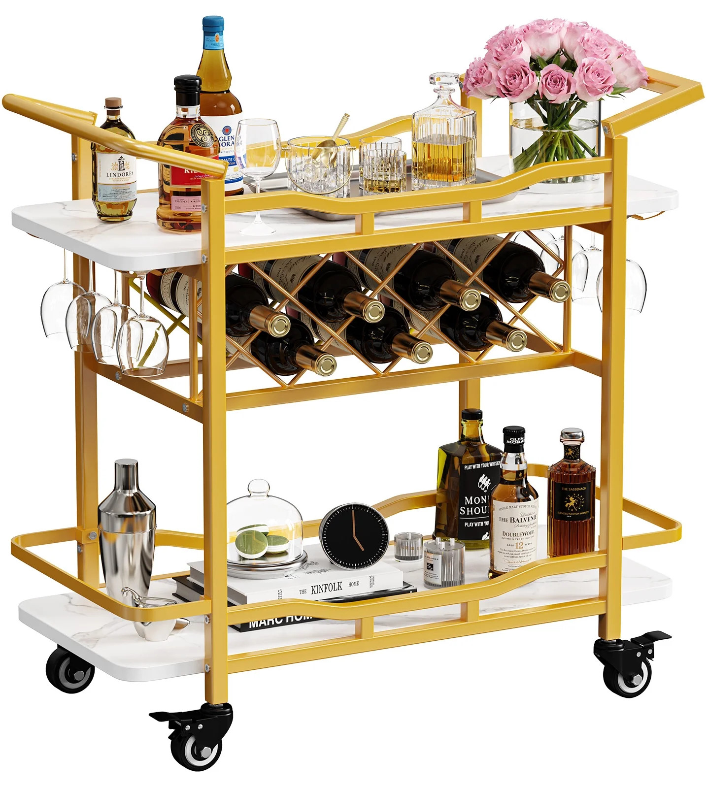 Kalrin Rolling Bar Cart with Wheels, Beverage Serving Cart with Wine Racks and Glasses Holder, Co... | Walmart (US)