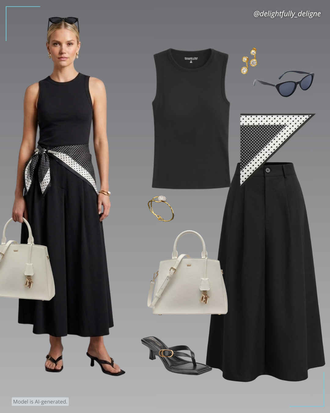Soft Summer Layers ☀️ 🖤Linen-blend high-rise pocket maxi skirt, bra-free rib high-neck tank, satin check-print scarf, satchel bag, buckle slip-on kitten heel dress sandals, cat-eye sunglasses, gold molten front-back earrings & crystal pebble clasp bracelet.   

 #LTKootd #LTKOver40 #LTKSaleAlert