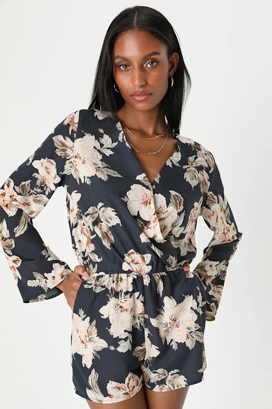 Prairie Daydream Washed Navy Blue Floral Print Romper | Lulus (US)