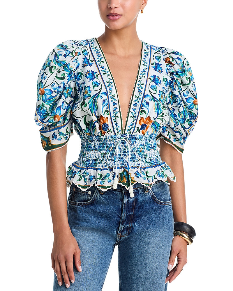 Farm Rio Flora Tile Plunging Neck Blouse | Bloomingdale's (US)