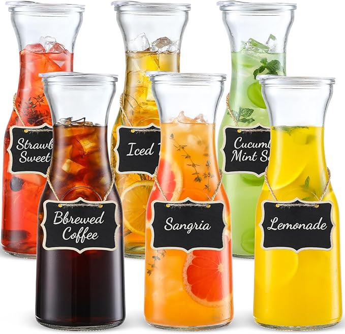 Set of 6 Glass Carafe with Lid, 1 Liter Beverage Serveware Carafe, Clear Glass Pitcher for Mimosa... | Amazon (US)
