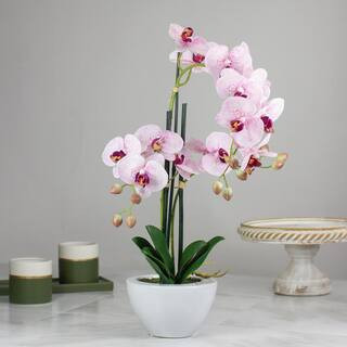 21 in. Pink and White Artificial Orchid Plant in a White Pot | The Home Depot