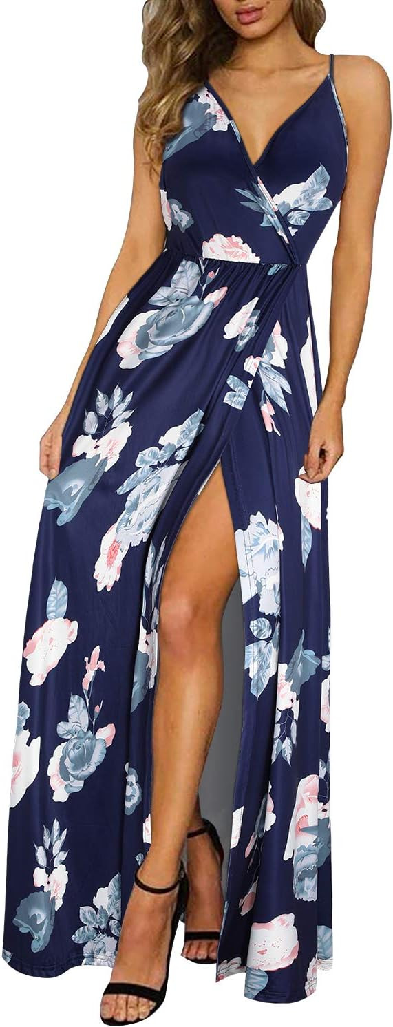 II ININ Women's Deep V-Neck Casual Dress Summer Backless Floral Print/Solid Split Maxi Dress for ... | Amazon (US)