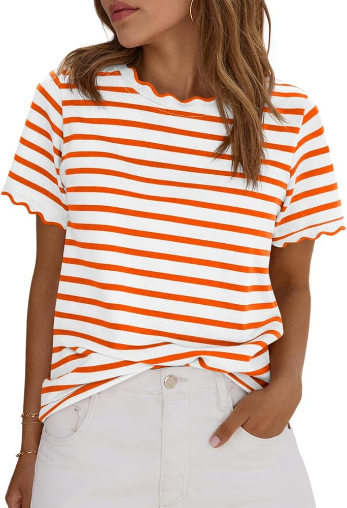 Tankaneo Womens Short Sleeve Striped Tshirts Summer Color Block Scalloped Tops Trendy Casual Basi... | Amazon (US)