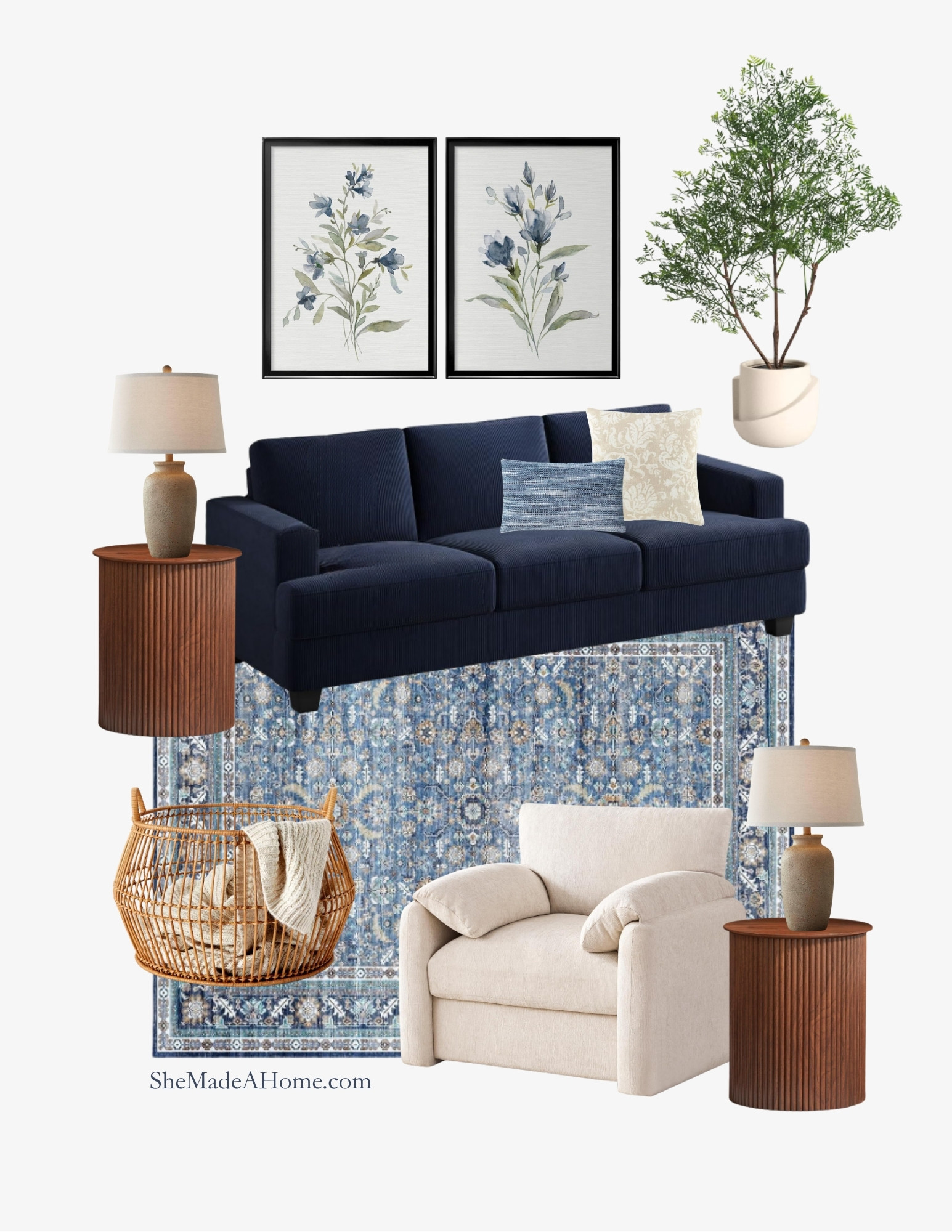 Blue & Neutral Living Room – Classic Comfort 💙🤍
This living room design blends a bold navy sofa with soft neutral seating and warm wood accents for a cozy, timeless look. A vintage-style blue rug grounds the space, while botanical wall art, textured baskets, and earthy table lamps bring balance and charm.

🛋 Shop the exact pieces I used to create this budget-friendly, designer-inspired living room — all linked below so you can recreate it in your own home.

#LTKHome #LivingRoomInspo #BlueLivingRoom #NeutralDecor #SheMadeAHome #RoomRecipe #BudgetFriendlyHome #ShopTheLook 

 #LTKHome