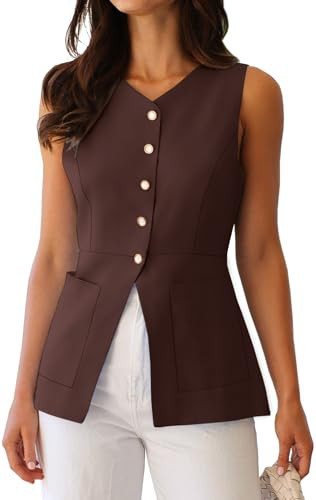 BNOOUIL Summer Blazer Suit Vest for Women Business Casual Sleeveless Button Down V Neck Tops Trendy 2025 Waistcoat Brown-M | Amazon (US)
