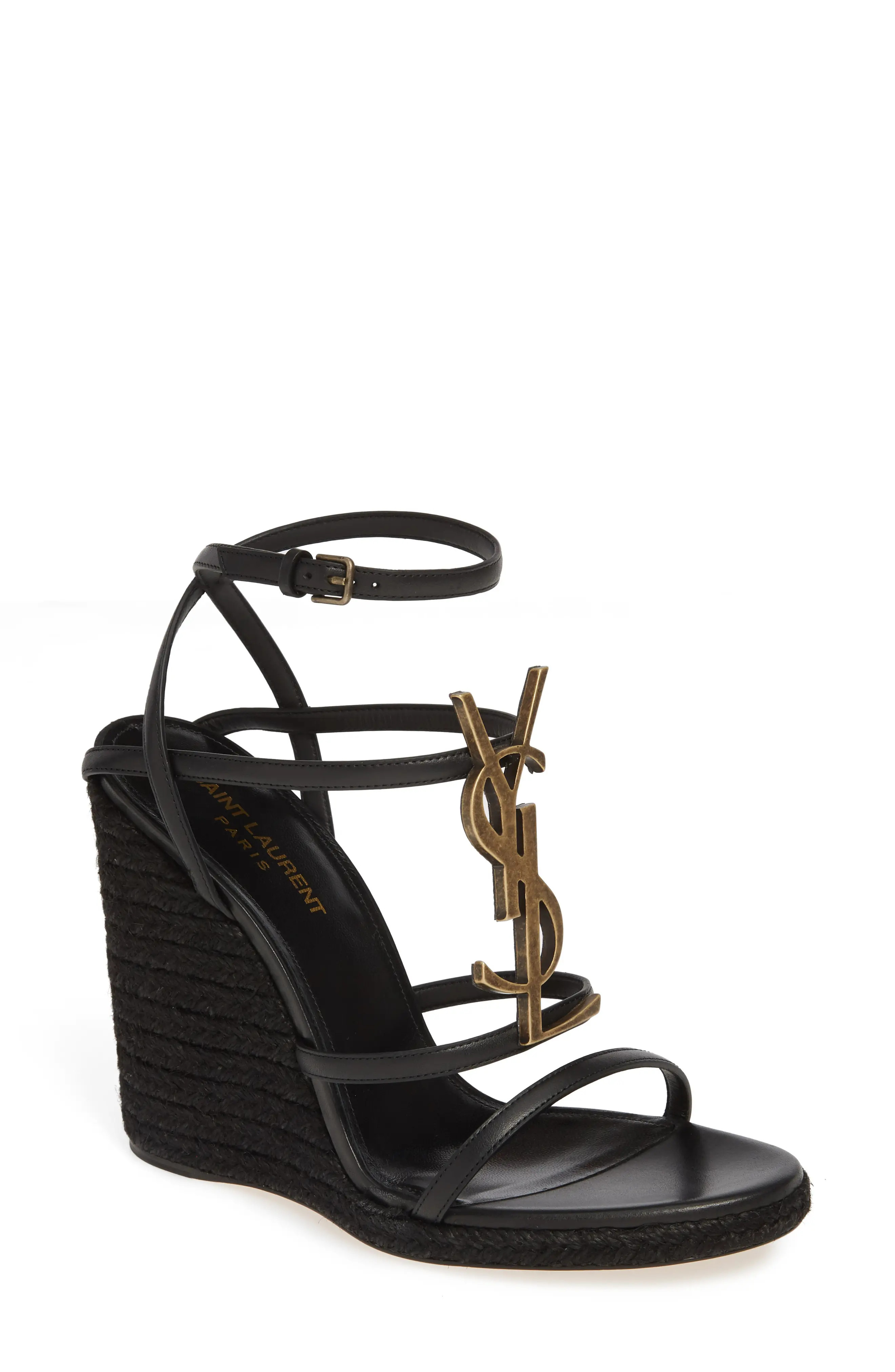 Women's Saint Laurent Cassandra Ysl Logo Wedge Sandal, Size 10.5US - Black | Nordstrom