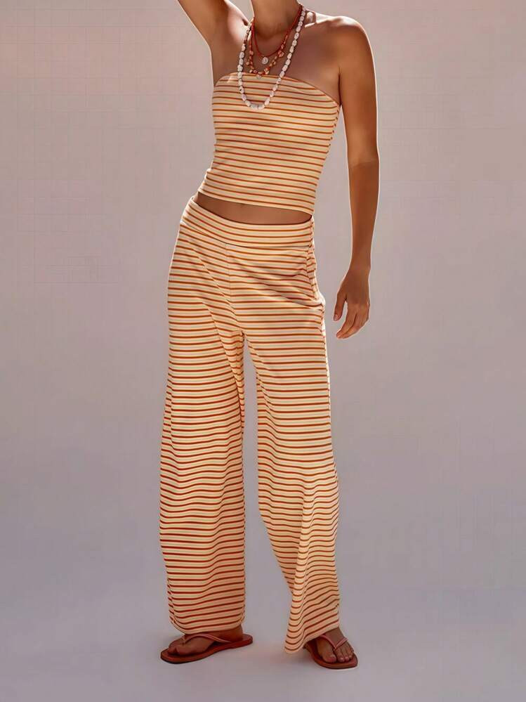 Women's 2 Piece Summer Stripe Casual Outfits Back Pleated Striped Print Bandeau Tops And Elastic Waist Wide Leg Long Pants Set Streetwear | SHEIN