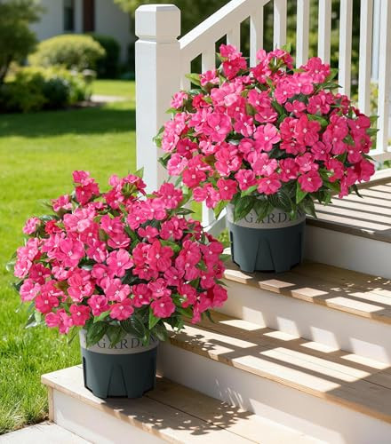 FancyPlus 12 Bundles Artificial Impatiens Flowers for Outdoors 20'' Fake Potted Flower 2 Set Quality UV Resistant Realistic Silk Faux Flowers for Outside Balcony Garden Window Box, Rose | Amazon (US)