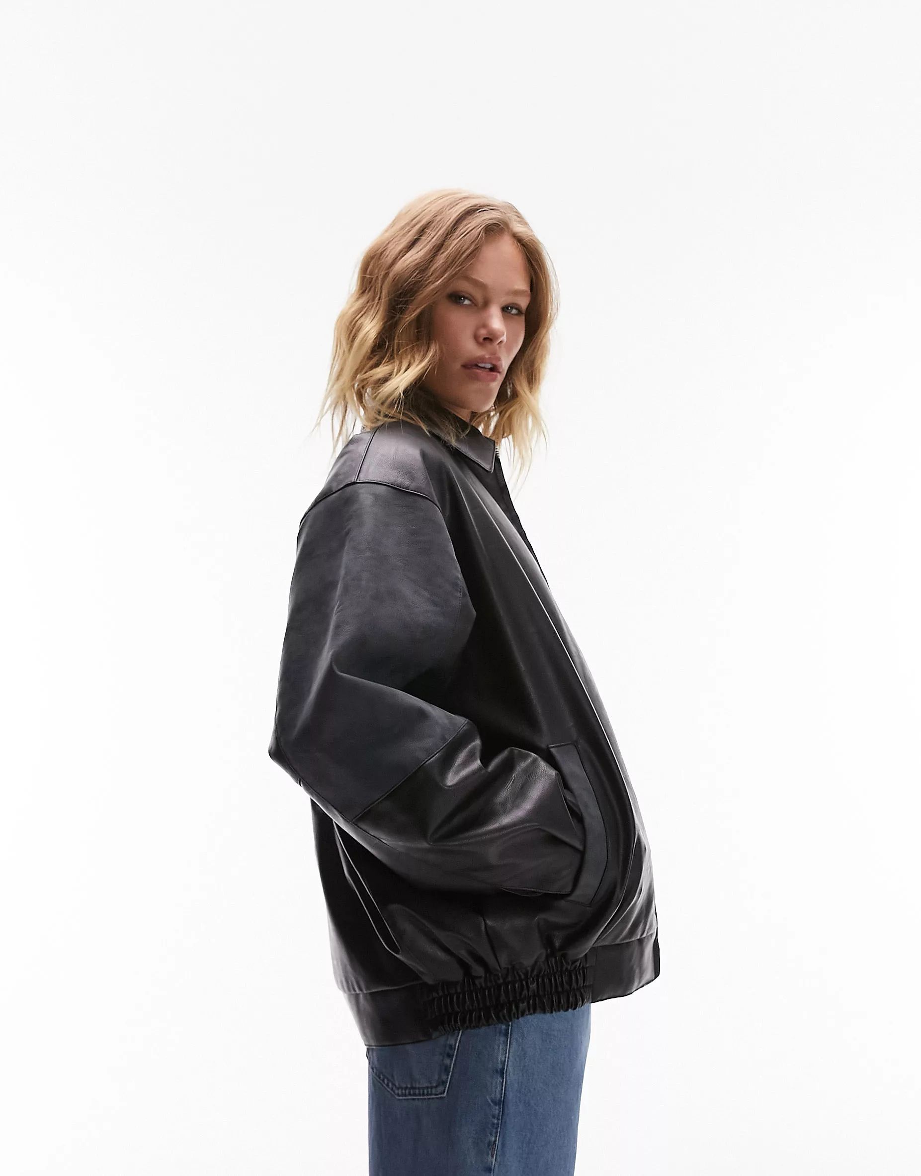 Topshop faux leather contrast suedette sleeve collar bomber jacket in black | ASOS (Global)