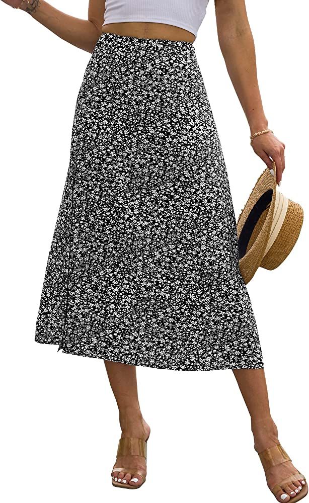 NENONA Women High Waisted Lightweight Flowy Slit Midi Skirts Summer Cute Boho Floral Skirt Y2k | Amazon (US)