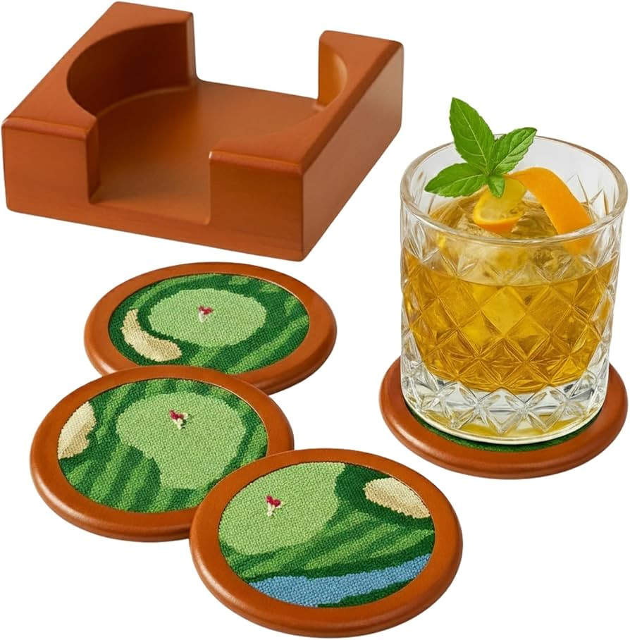 Khen Golf Hand-Stitched Needlepoint Coasters - Set of 4 - Wooden Holder Solid Wood with Needlepoi... | Amazon (US)
