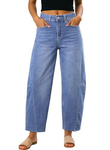 Dokotoo Wide Leg Jeans Woman Casual Loose Fit Barrel Jeans for Women Spring Summer Fashion Baggy Stretch High Waisted Denim Pants Lightweight Comfy Cotton Pants Trousers with Pockets Sky Blue Size 4 | Amazon (US)