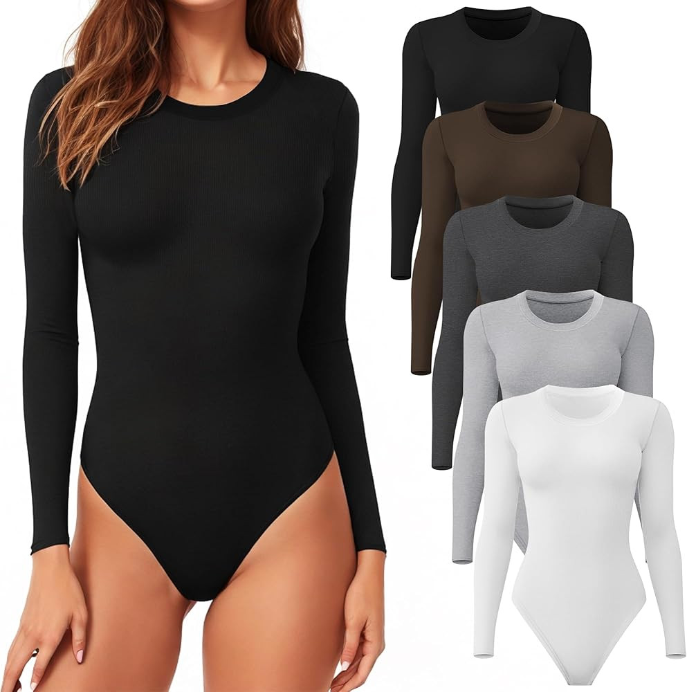 CE' CERDR 4/5 Pack Long Sleeve Bodysuit for Women Round Neck Casual Stretchy Basic Shirts Crew Ne... | Amazon (US)