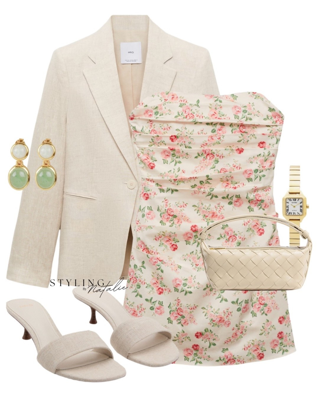 Floral strapless mini dress, linen blazer, linen mules, green stone earrings, Bottega bag & gold watch. Summer dress, floral print, bandeau, wedding guest, day dress. 

#LTKuk #LTKdresses #LTKeurope