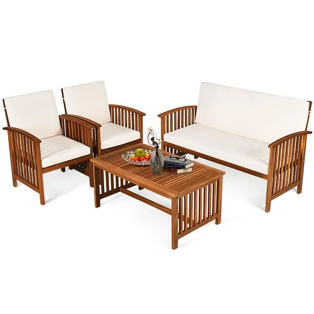 Costway 4PCS Patio Solid Wood Furniture Set Conversation Coffee Table W/White Cushion - Walmart.c... | Walmart (US)
