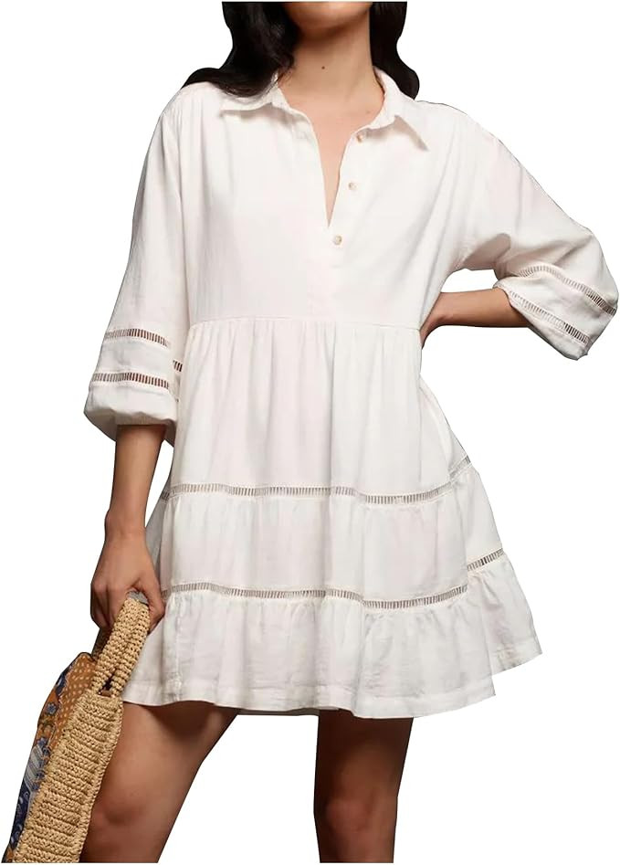 Women's Cute Babydoll Mini Dress Puff Sleeve Flowy Tiered Tunic Short Dress Button Up Shirt Dress... | Amazon (US)