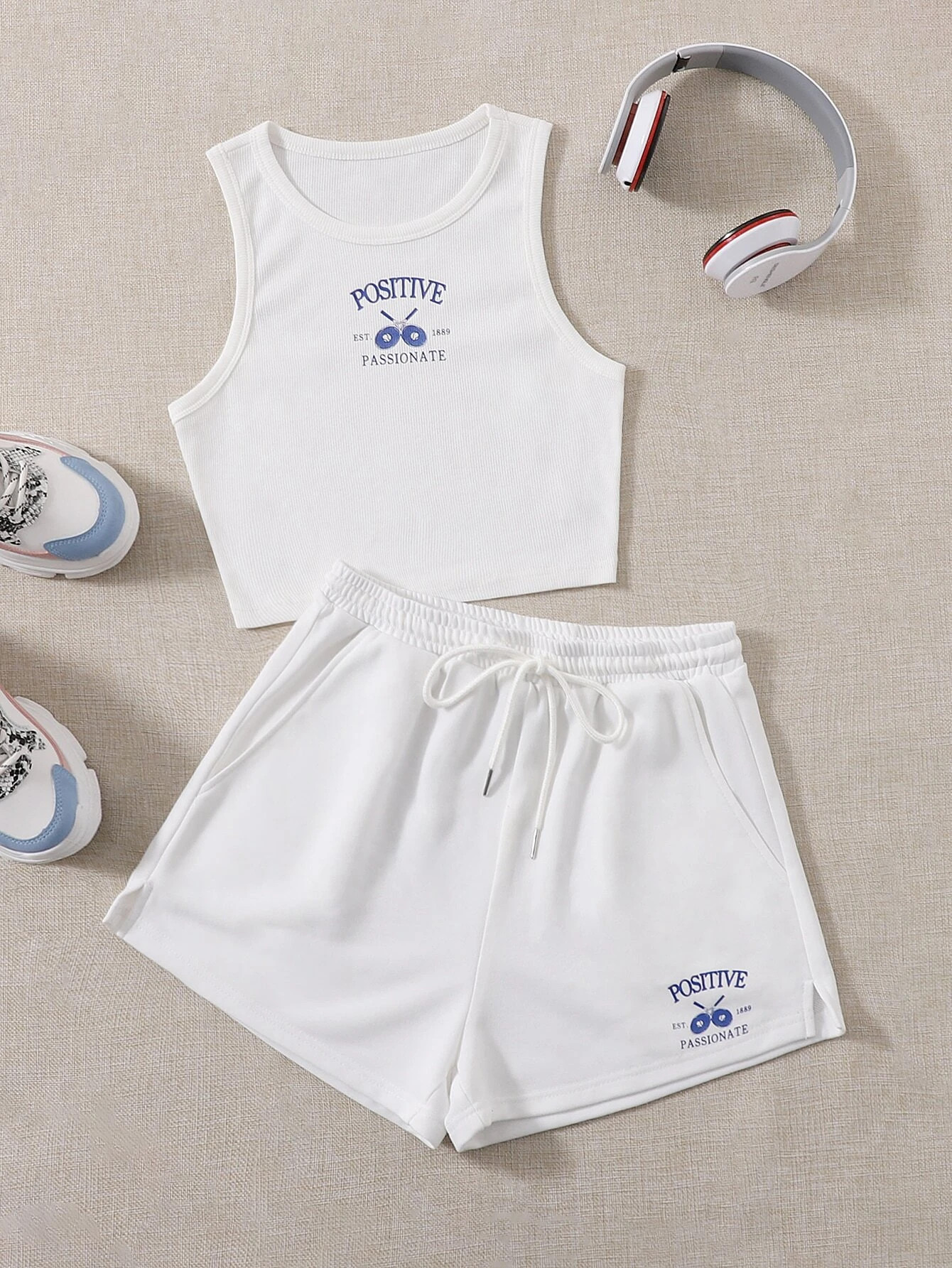 SHEIN Racket & Letter Graphic Tank Top & Drawstring Waist Track Shorts | SHEIN