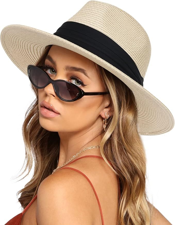 Womens Mens Wide Brim Straw Panama Hat Fedora Summer Beach Sun Hat UPF Straw Hat for Women | Amazon (US)