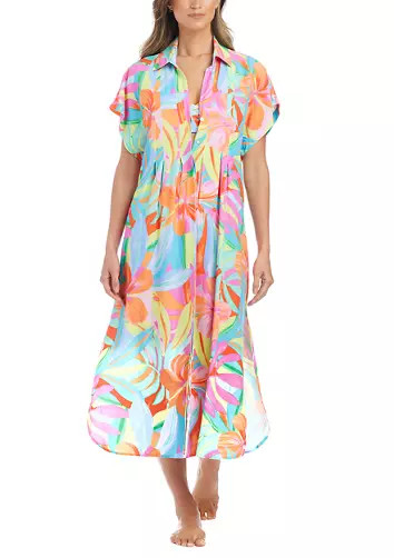 Bellissimo Botanica Pleated Long Dress Swim Coverup | Belk