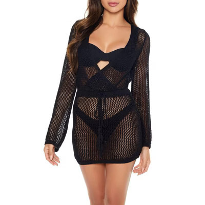 Women's Knit Cover-Up Mini Dress, Sheer Mesh Long Sleeve Drawstring Waist Swim Cover-Up Black S | Target