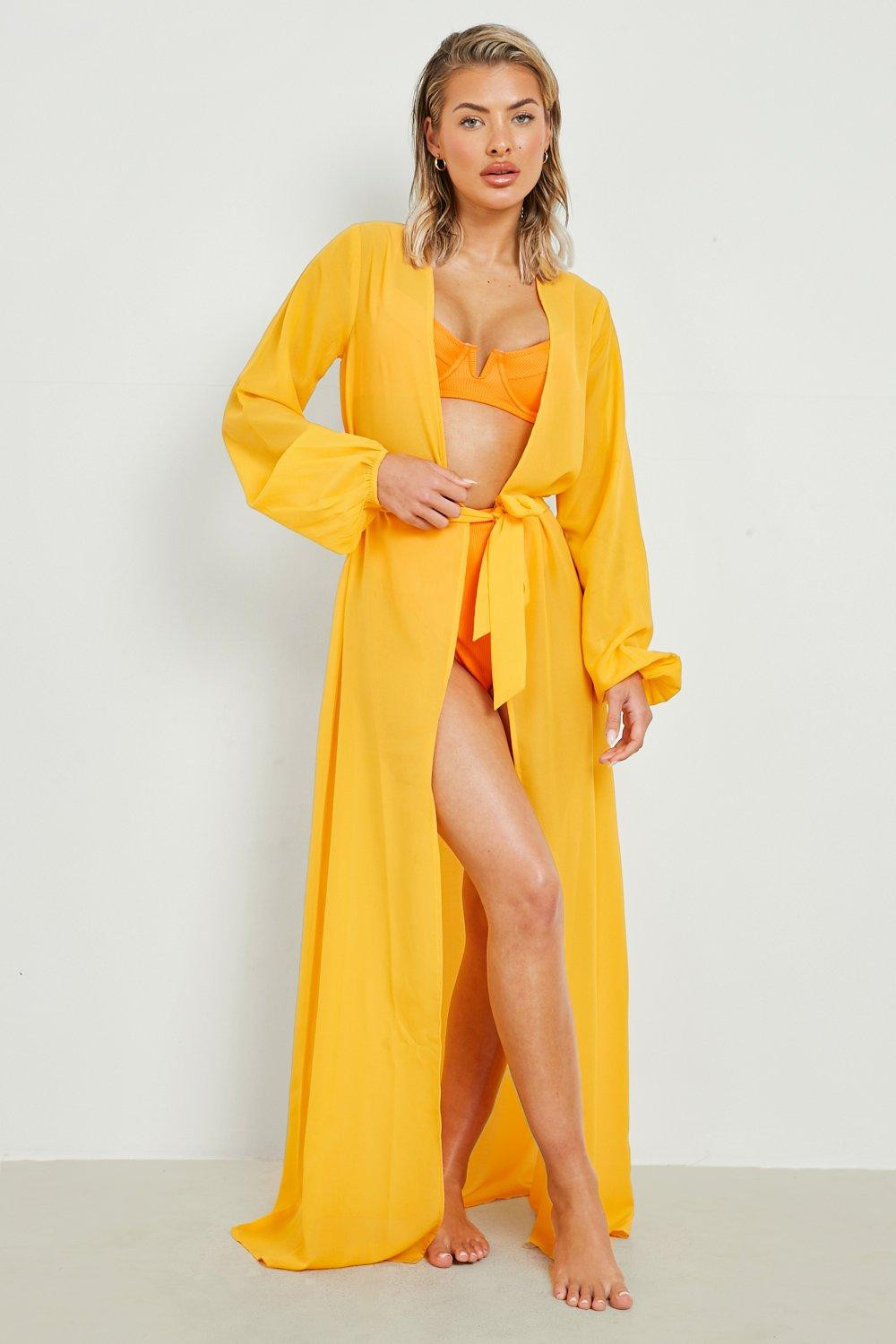 Womens Chiffon Belted Beach Maxi Kimono - Orange - M | Boohoo.com (US & CA)