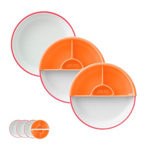 Omie Easy Scoop® Toddler Plate, Made from Plants No Plastic | Curved Design for Independent Self Feeding, Premium Stain Resistant Plate | 3 Plates + 2 Silicone Dividers | Pink | Amazon (US)