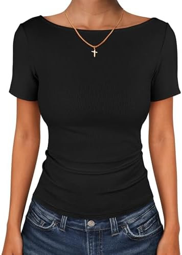 ANRABESS Boat Neck Tops for Women Short Sleeve Shirts | Soft Ribbed Knit，Basic Casual Fitted Te... | Amazon (US)