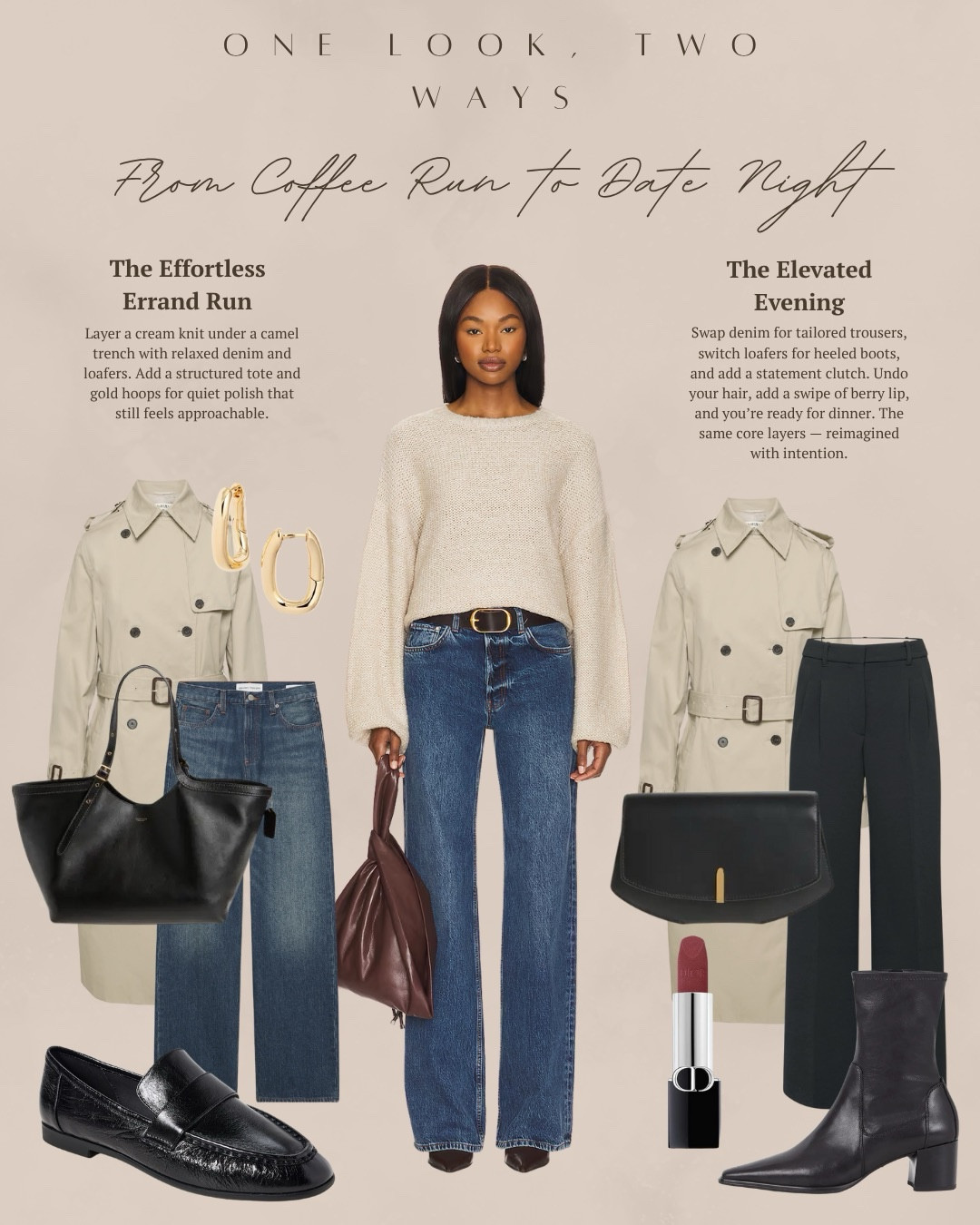 This week is all about highlighting layering at its best, this week focuses on styling oversized knits, trench coats, chunky scarves, and tailored blazers together. Everyday basics transform into styled looks when layered with intention. Perfect for that in-between season where warmth meets style. I styled a knit top and jeans outfit two ways with the same trench coat. One is more casual with some loafers and a tote bag and hoop earrings. The second outfit is with some booties, clutch and Berry lipstick. Then I did a capsule wardrobe with so many amazing pieces that are perfect for this time of year and this style vibe! All items linked ⬆️

#ltkcreator #ltkwatchnow #ltkfinds #ltkstyletip #fall #fallfashion #falloutfits #trench #boots #loafer

#LTKgrwm #LTKHoliday #LTKootd