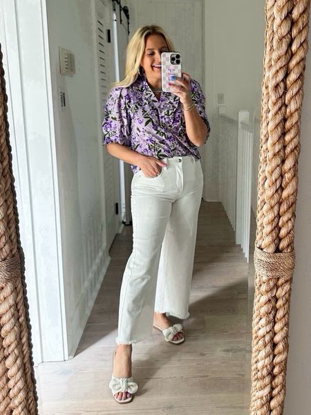 Obsessed with this lavender blouse! Pairs perfect with white denim. Wearing a small top and size 26 jeans. Code FANCY15 for 15% off 

#LTKStyleTip #LTKSeasonal #LTKFindsUnder100