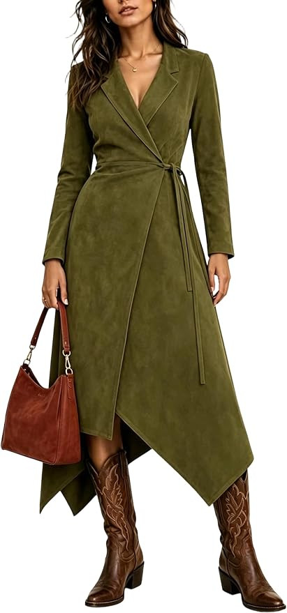 CHARTOU Women Faux Suede Midi Dress Long Sleeve Tie Waist Asymmetrical Wrap Dress | Amazon (US)