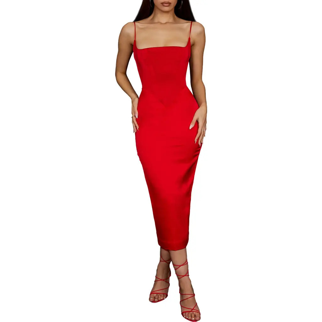 HOUSE OF CB Anais Satin Corset Midi Dress in Scarlet at Nordstrom, Size X-Small | Nordstrom