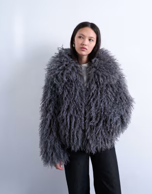 Topshop faux fluffy fur bomber coat in gray | ASOS (Global)