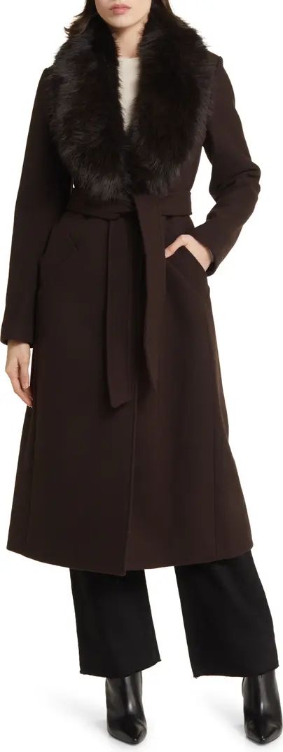 Belted Longline Wool Blend Coat with Faux Fur Collar | Nordstrom