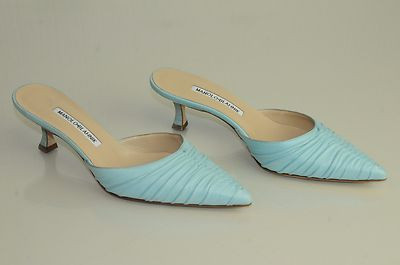 $825 NEW MANOLO BLAHNIK lambskin Leather Azure Blue Mules Kitten Heels SHOES 37   | eBay | eBay US