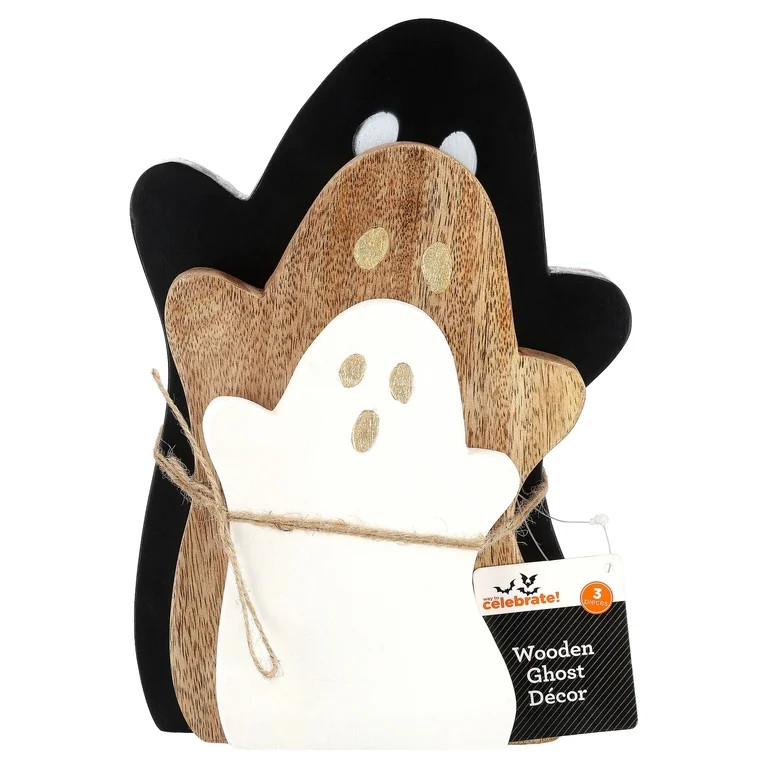 Wooden Ghost Decoration Set, Black/Natural/White, 3 Pieces, Halloween by Way To Celebrate | Walmart (US)