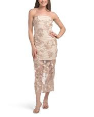 Strapless Mesh Midi Dress With Embroidered Floral Applique | TJ Maxx