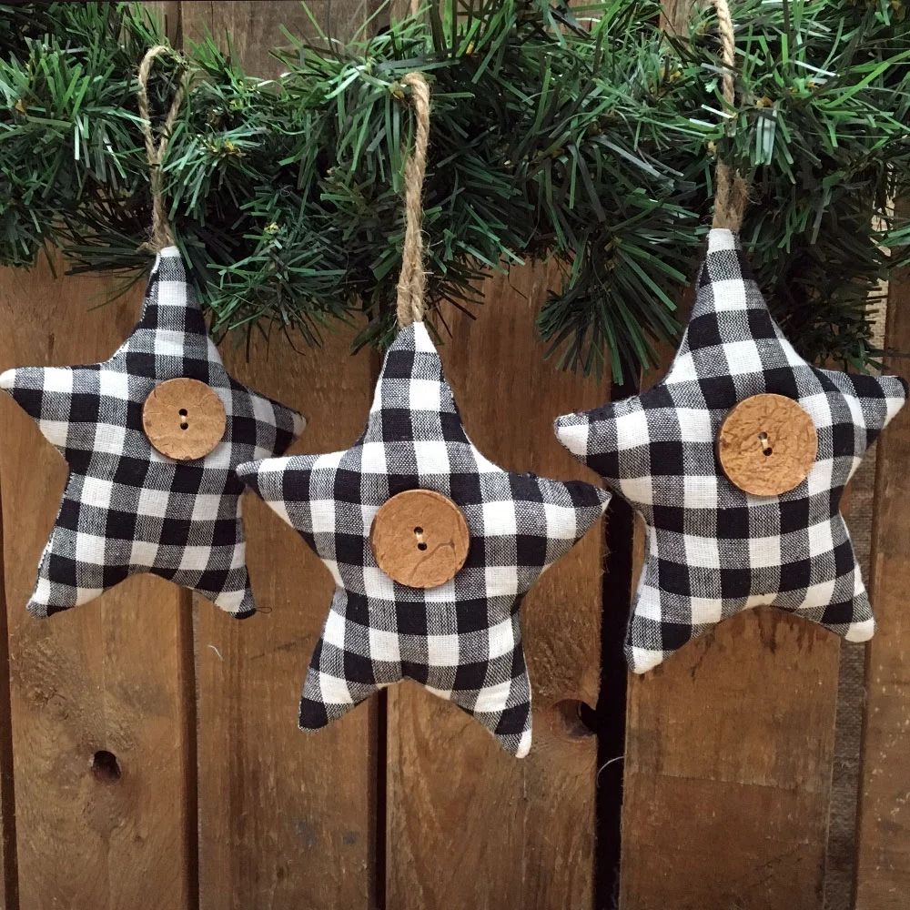 Black & White Mini Buffalo Plaid Homespun Fabric Star Christmas Ornaments - Set of 3 | Walmart (US)