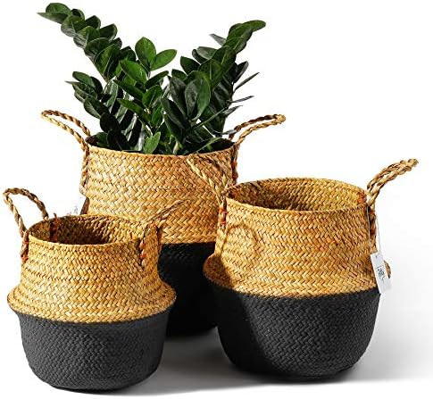 POTEY 730301 Seagrass Plant Basket Set of 3 - Hand Woven Belly Basket with Handles, Large Storage La | Amazon (US)