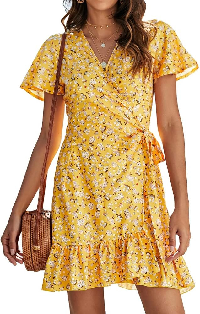 Naggoo Women's Summer Wrap V Neck Polka Dot Print Ruffle Short Sleeve Mini Floral Dress with Belt | Amazon (US)