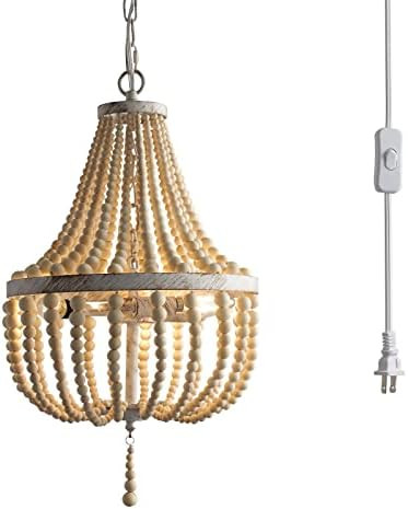 3-Light Mini Wood Beaded Bohemian Plug in Chandelier Pendant Light Fixture with 16.4ft Swag Cord,... | Amazon (US)