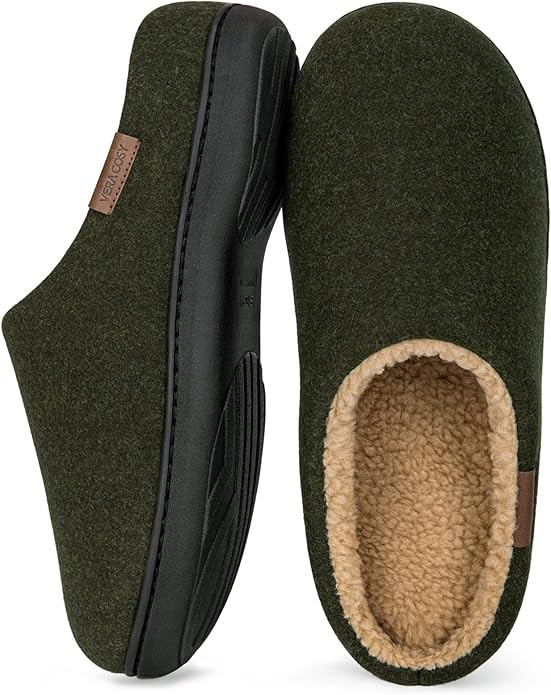 VeraCosy Men's Wool Felt Slippers Warm Fuzzy Faux Sherpa Slip-on Memory Foam Indoor House Slipper... | Amazon (US)