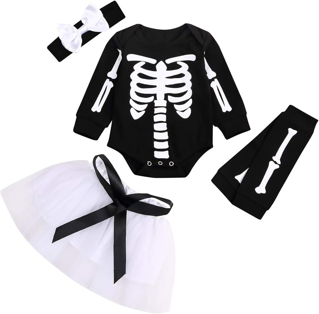 GRNSHTS Baby Girls Halloween Outfits Toddler Ghost Long Sleeve Romper+Tutu Skirt+Bowknot Headband... | Amazon (US)