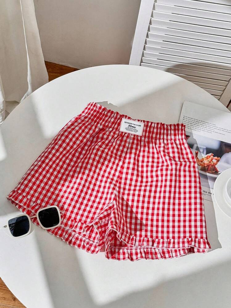 Comfortcana Women's Casual Red Plaid Ruffle Hem Shorts, Suitable For Summer Red Gingham Shorts Suitable For Going Out | SHEIN