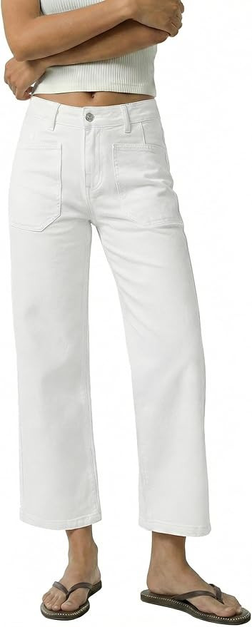 GRAPENT Wide Leg Jeans Woman Trendy Cropped High Waisted Patch Pocket Stretch Denim Pants Baggy L... | Amazon (US)