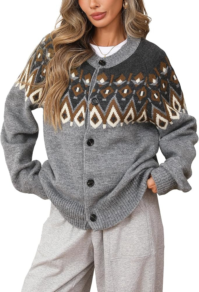 Women's Chunky Sweater Cardigan Crew Neck Long Sleeve Button Fron Fair Isle Christmas Sweater Coa... | Amazon (US)