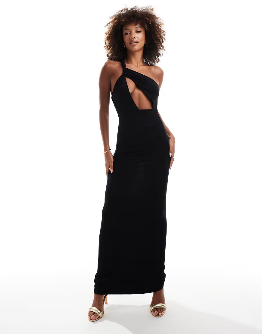 ASOS DESIGN knot one shoulder maxi with front cut out in black | ASOS (Global)