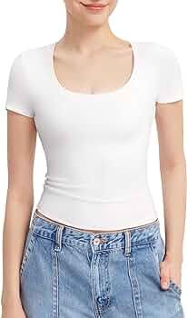 PUMIEY Women's T Shirts Short Sleeve Scoop Neck Basic Going Out Tops Fashion Slim Fit Tee Smoke C... | Amazon (US)