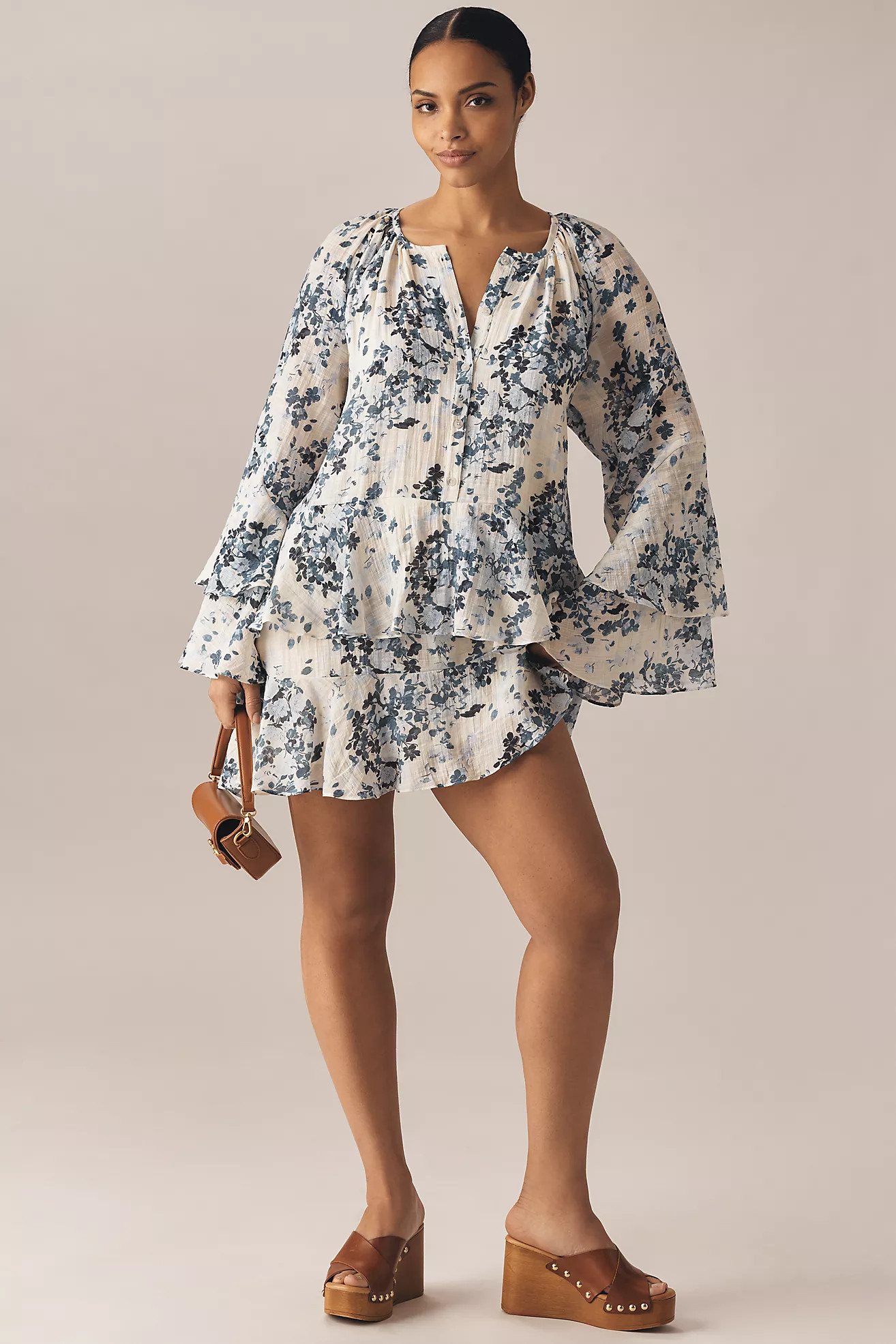 Maeve Long-Sleeve V-Neck Mini Swing Dress | Anthropologie (US)